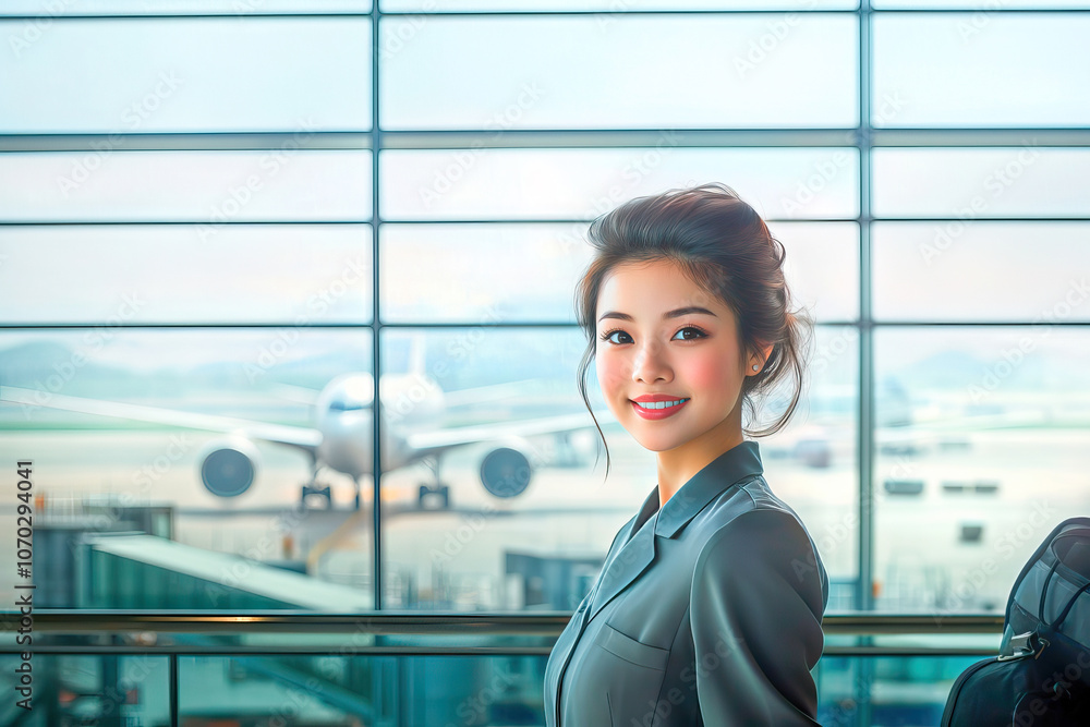 Fototapeta premium Attractive Asian flight attendant at the airport with luggage with a window behind in which there is a plane