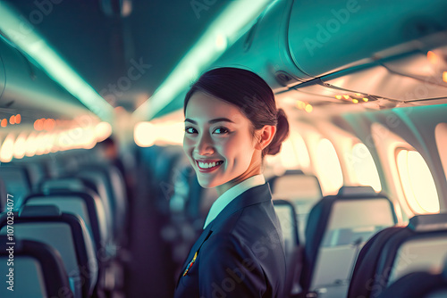 Attractive Asian flight attendant on a plane of her airline