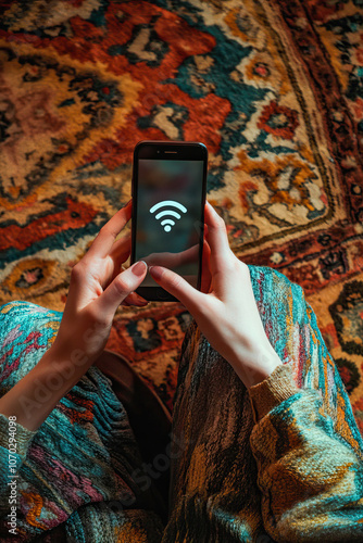 Hands of a woman at home with a mobile phone showing the wifi signal photo