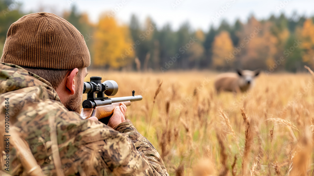 Fototapeta premium Hunter in camouflage focusing through rifle scope aiming at deer in autumn field wildlife observation concept