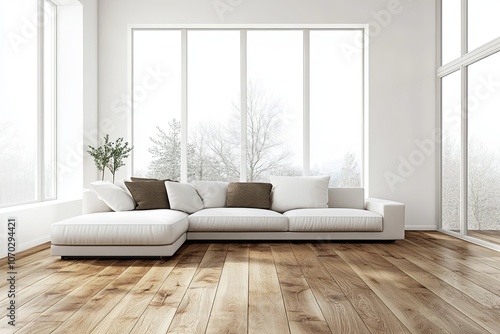 Modern white living room featuring a sofa and large windows with natural light and a view of trees in the background. Generative AI