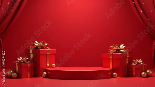 Gifting with Elegance, mockup red-themed podium presenting cosmetics as elegant Christmas gifts, combining beauty, festivity photo