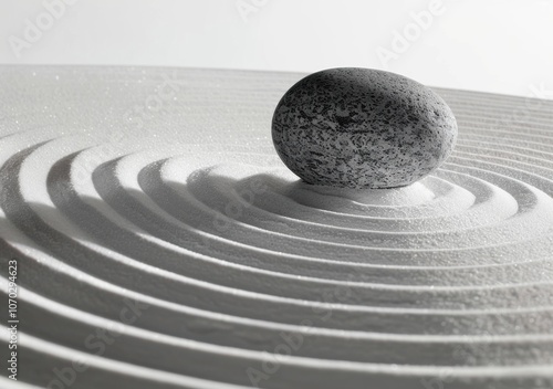 Zen garden with smooth white sand and circular raked patterns, closeup of grey stone in the center, soft focus background photo