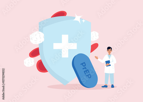 Immune system shield protected by PrEP anti HIV virus pills. Healthy blood cells. Doctor prescription for oral treatment, Vector illustration in flat style.