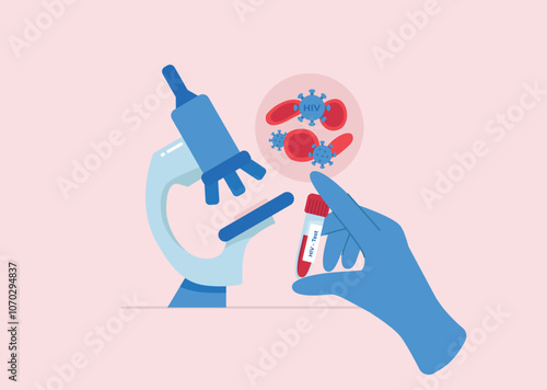 Doctor's hand in glove holds HIV test tube.
Examining infected blood with HIV virus under microscope in laboratory. Vector illustration in flat style.