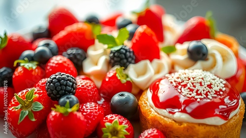 Close-up of a sweet pastry topped with a dollop of whipped cream, a vibrant red jelly, and a sprinkle of white sugar, nestled amidst a symphony of fresh strawberries, blackberries, and blueberries.