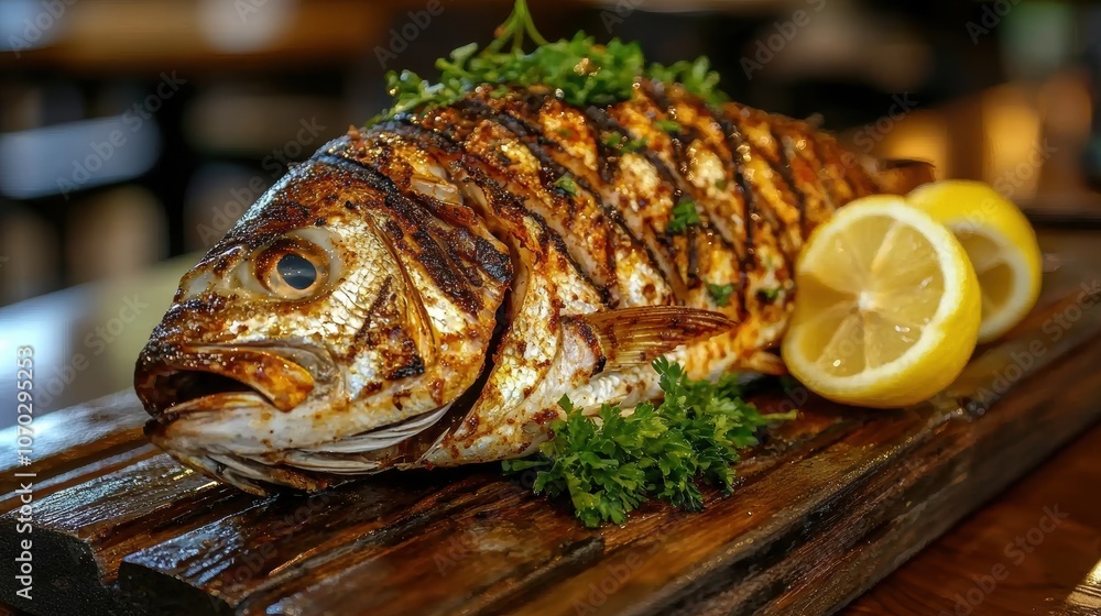 Grilled Fish with Lemon and Herbs on Wooden Platter Grilled Fish with Lemon and Herbs on Wooden Platter