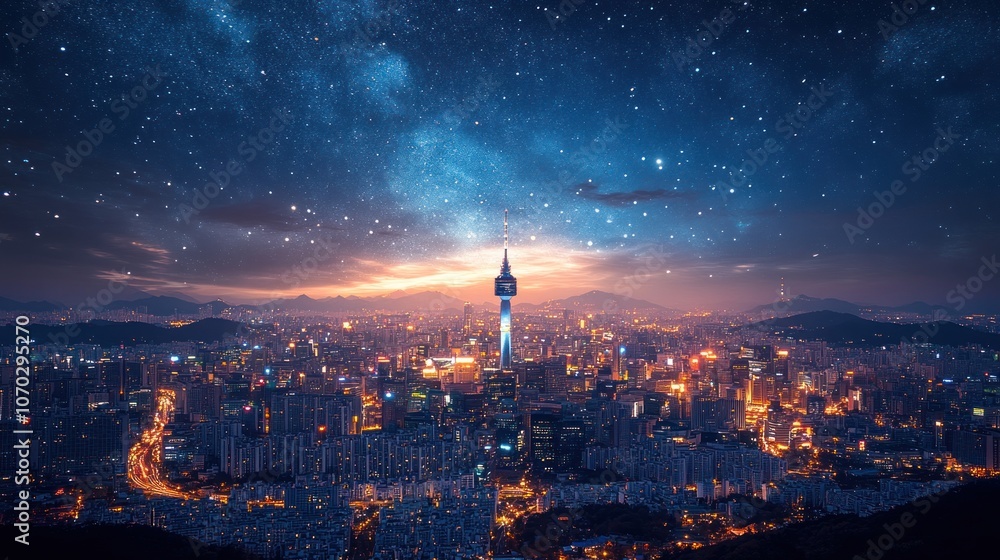 Fototapeta premium Cityscape Under a Starry Sky