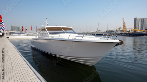 Elegant luxury motor yacht docked at a sunny marina, exuding tranquility and sophistication