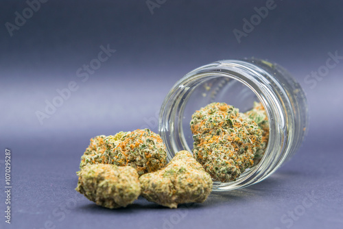 Close up of medical Cannabis buds or flowers: dried, harvested blossoms of the cannabis plant covered in a frosty layer of trichomes—tiny, crystal-like resin glands.