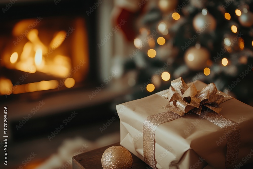 Golden wrapped Christmas presents by fireplace Golden wrapped Christmas presents by fireplace