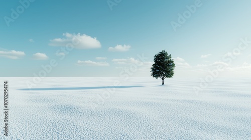 Vast snowfield with a solitary evergreen tree