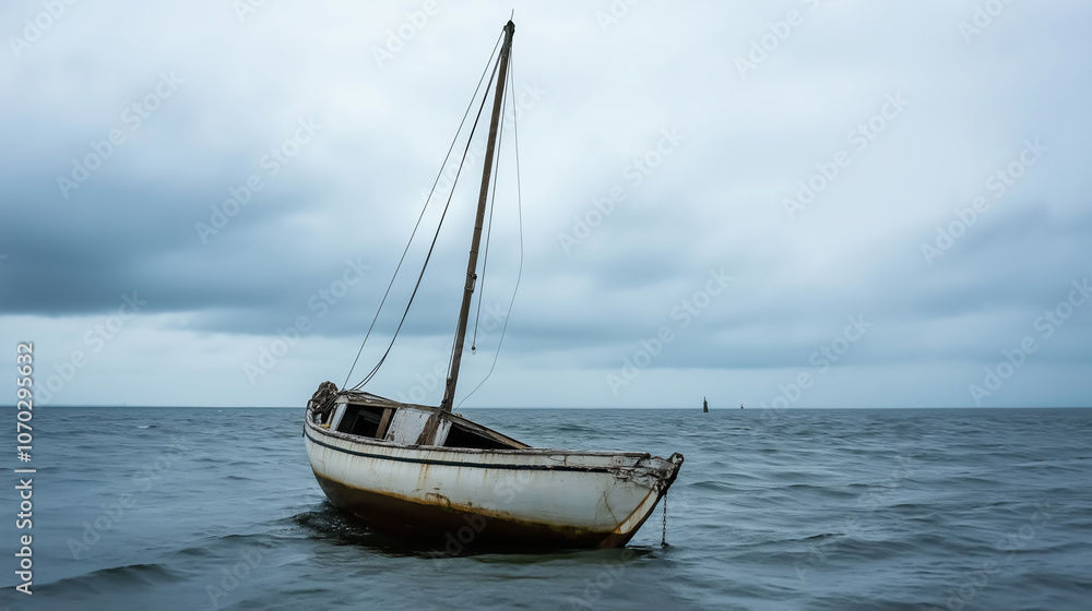 Weathered sailboat partially submerged in the ocean, with its mast still standing against a backdrop of cloudy skies Weathered sailboat partially submerged in the ocean, with its mast still standing against a backdrop of cloudy skies