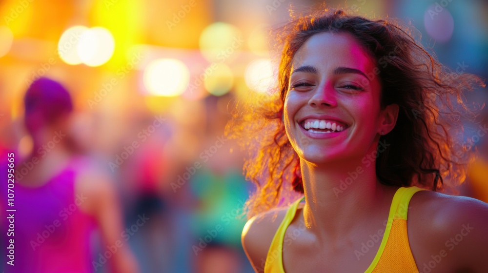 Vibrant urban summer joy: smiling woman in colorful cityscape at sunset Vibrant urban summer joy: smiling woman in colorful cityscape at sunset