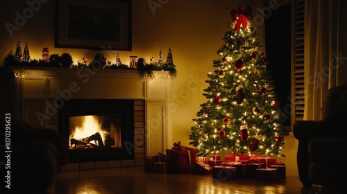 Cozy living room with Christmas tree and fireplace 