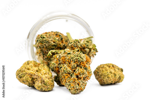 Close up of Cannabis buds or flowers: dried, harvested blossoms of the cannabis plant covered in a frosty layer of trichomes—tiny, crystal-like resin glands. against white background 