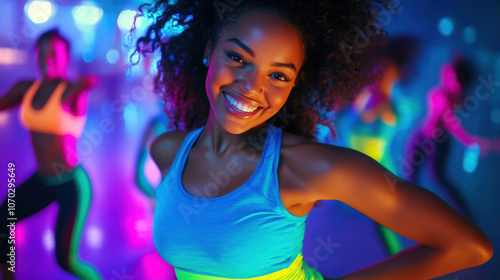 Vibrant dance class with energetic women in neon colors