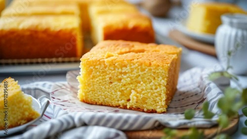 Video of freshly baked fluffy buttery cornbread with golden crust on a wooden cutting board. Traditional Southern states cuisine