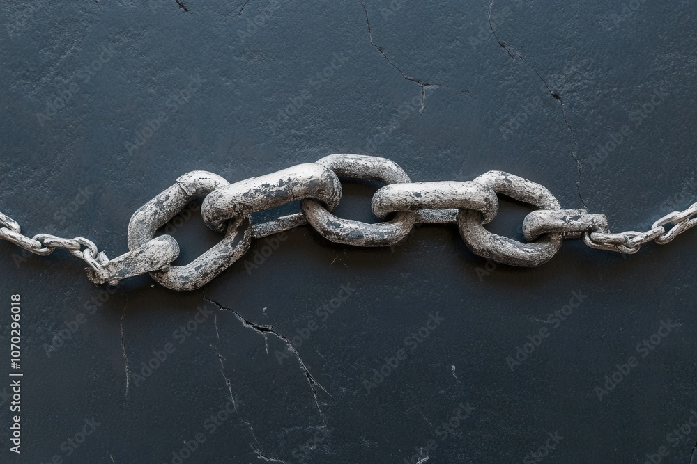 A single broken link from a sturdy chain rests on a smooth, dark surface. The texture of the link shows signs of wear, highlighting its damaged state under soft, diffused lighting. A single broken link from a sturdy chain rests on a smooth, dark surface. The texture of the link shows signs of wear, highlighting its damaged state under soft, diffused lighting.