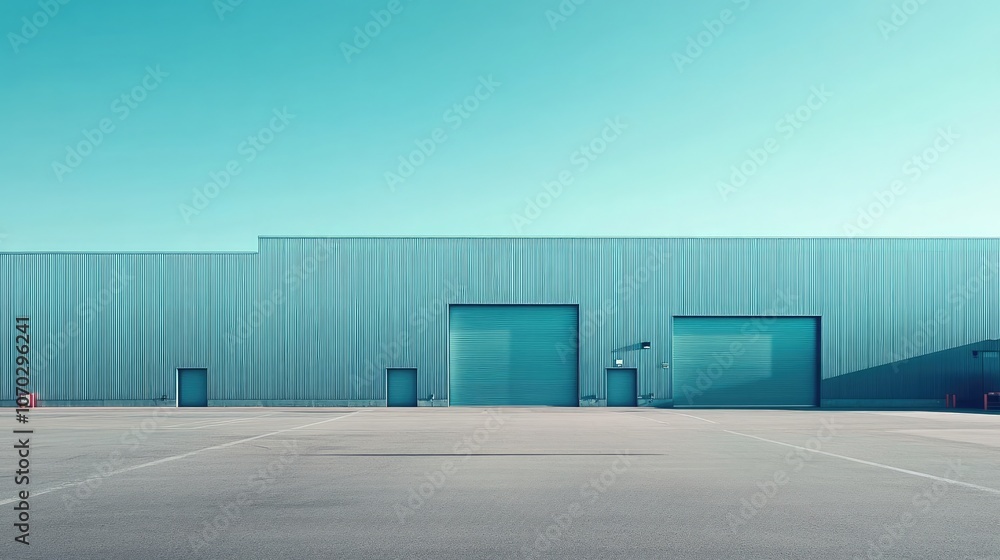 Exterior of a High-Tech Industrial Warehouse: Modern Facility for Storage and Logistics Operations, Featuring Sleek Architecture, Clean Lines, and a Metallic Finish Under a Bright Blue Sky Exterior of a High-Tech Industrial Warehouse: Modern Facility for Storage and Logistics Operations, Featuring Sleek Architecture, Clean Lines, and a Metallic Finish Under a Bright Blue Sky