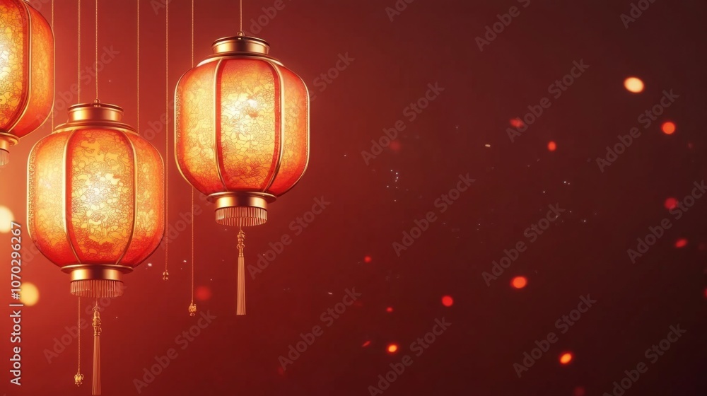 Three red lanterns hanging from the ceiling Three red lanterns hanging from the ceiling