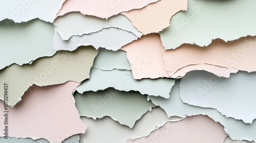 Colorful torn paper layers create an abstract background showcasing various textures and hues with soft pastel tones and contrasting shades, perfect for creative design projects