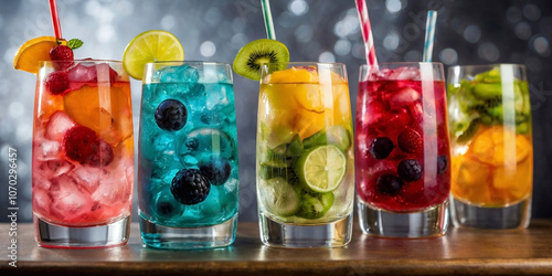 colorful vibrant cocktails with lime, kiwi and mint on the table in barr photo