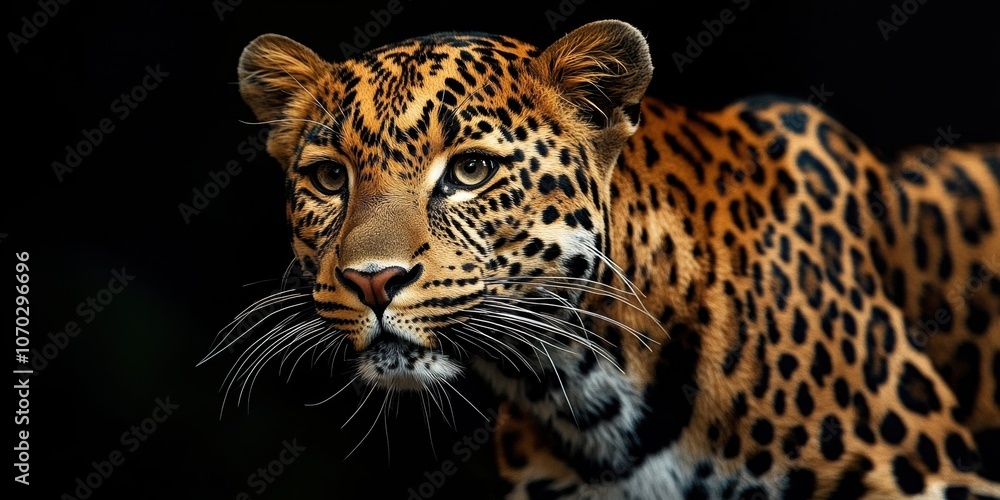 Majestic leopard exhibiting distinctive spotted fur in a dark jungle setting, showcasing its powerful physique and focused gaze during the golden hour of sunset Majestic leopard exhibiting distinctive spotted fur in a dark jungle setting, showcasing its powerful physique and focused gaze during the golden hour of sunset