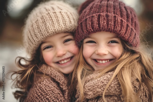 Two young girls smiling joyfully together in cozy winter hats and scarves while embracing outdoor happiness in a snowy landscape during a sunny day