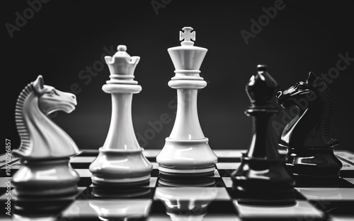 Black and White King and Knight of chess setup on Chessboard and dark background