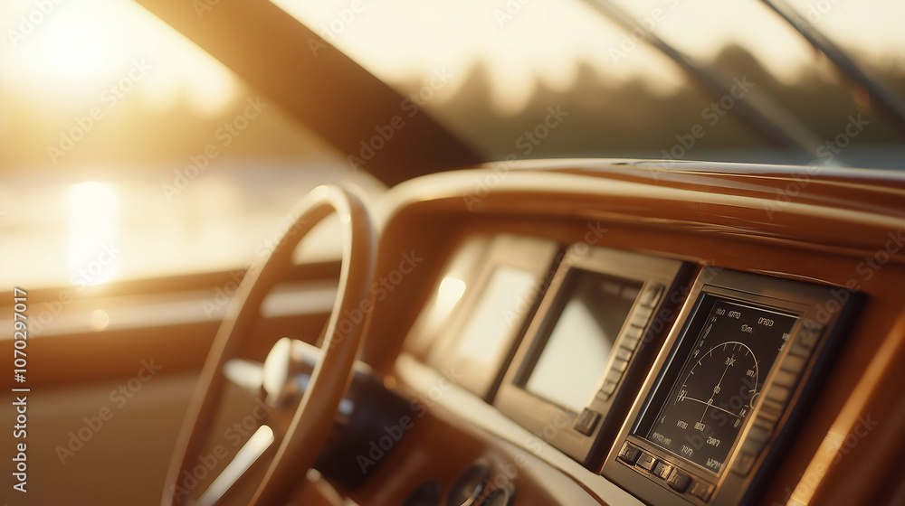 Fototapeta premium Luxury yacht's wooden dashboard featuring navigation system, steering wheel, and sunset glow