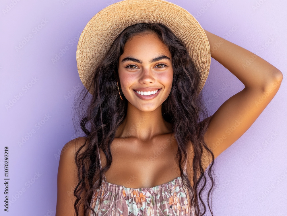 A young woman in a summer dress, holding her hat and smiling against a pastel lavender background. A young woman in a summer dress, holding her hat and smiling against a pastel lavender background.