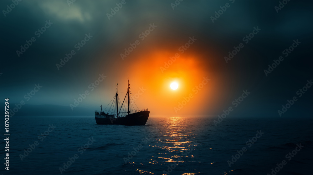 Silhouetted old fishing boat peacefully navigating misty ocean at sunset, capturing the beauty of dusk as it sails through calm waters Silhouetted old fishing boat peacefully navigating misty ocean at sunset, capturing the beauty of dusk as it sails through calm waters