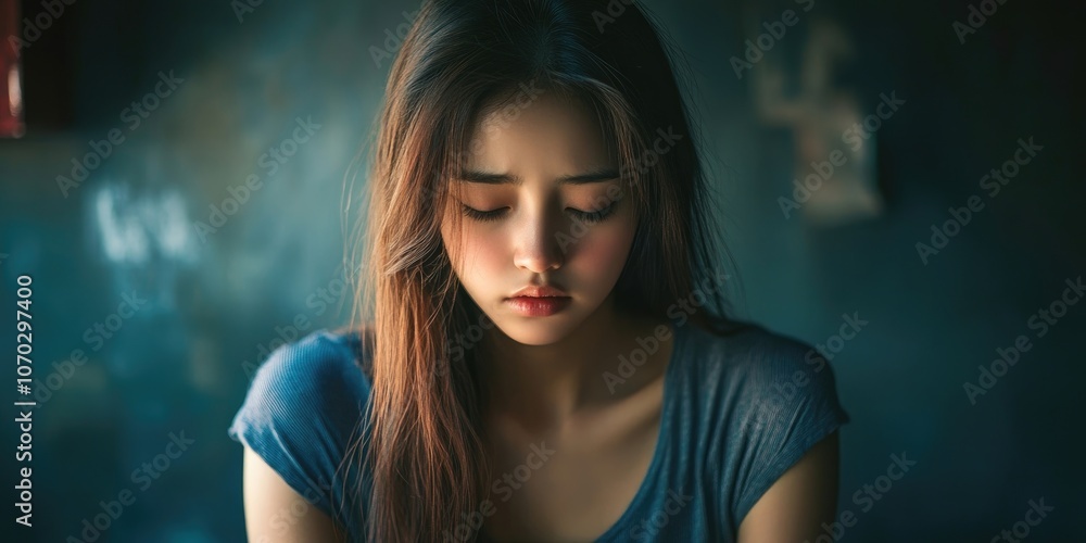 Asian woman alone and feeling depressed, portrait of a weary young woman. Depression. Asian woman alone and feeling depressed, portrait of a weary young woman. Depression.