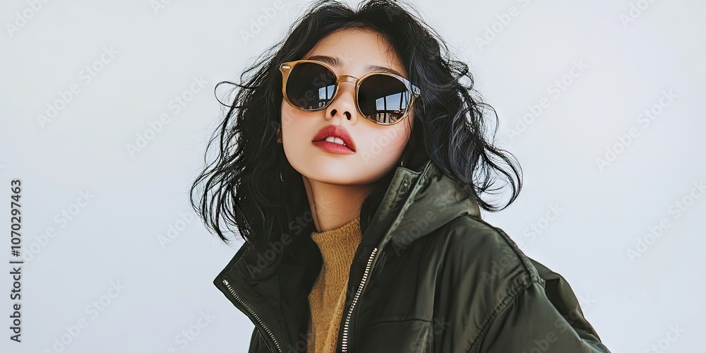 Asian woman in a winter jacket and sunglasses, set against a white background. Asian woman in a winter jacket and sunglasses, set against a white background.