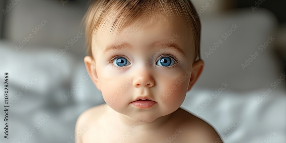 Close-up of a Caucasian baby boy with brown hair and blue eyes. Close-up of a Caucasian baby boy with brown hair and blue eyes.
