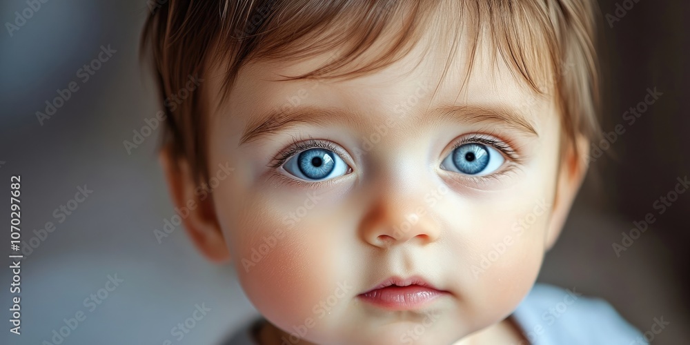 Close-up of a Caucasian baby boy with brown hair and blue eyes. Close-up of a Caucasian baby boy with brown hair and blue eyes.