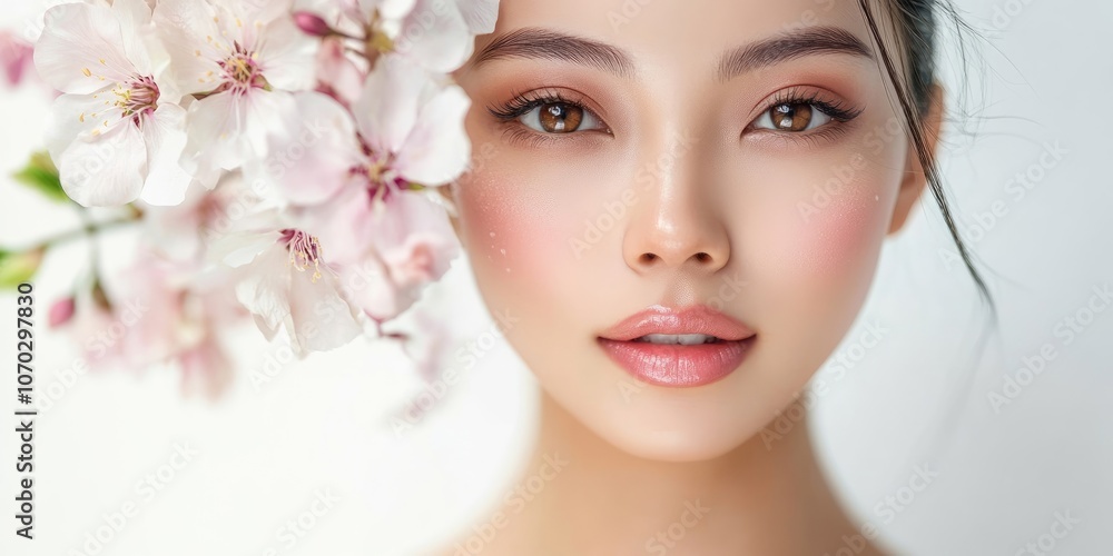 Soft focus. Beautiful Asian woman with flawless, fresh skin adorned with floral makeup on her face against a white background. Cosmetology, beauty and spa, wellness, plastic surgery. Soft focus. Beautiful Asian woman with flawless, fresh skin adorned with floral makeup on her face against a white background. Cosmetology, beauty and spa, wellness, plastic surgery.