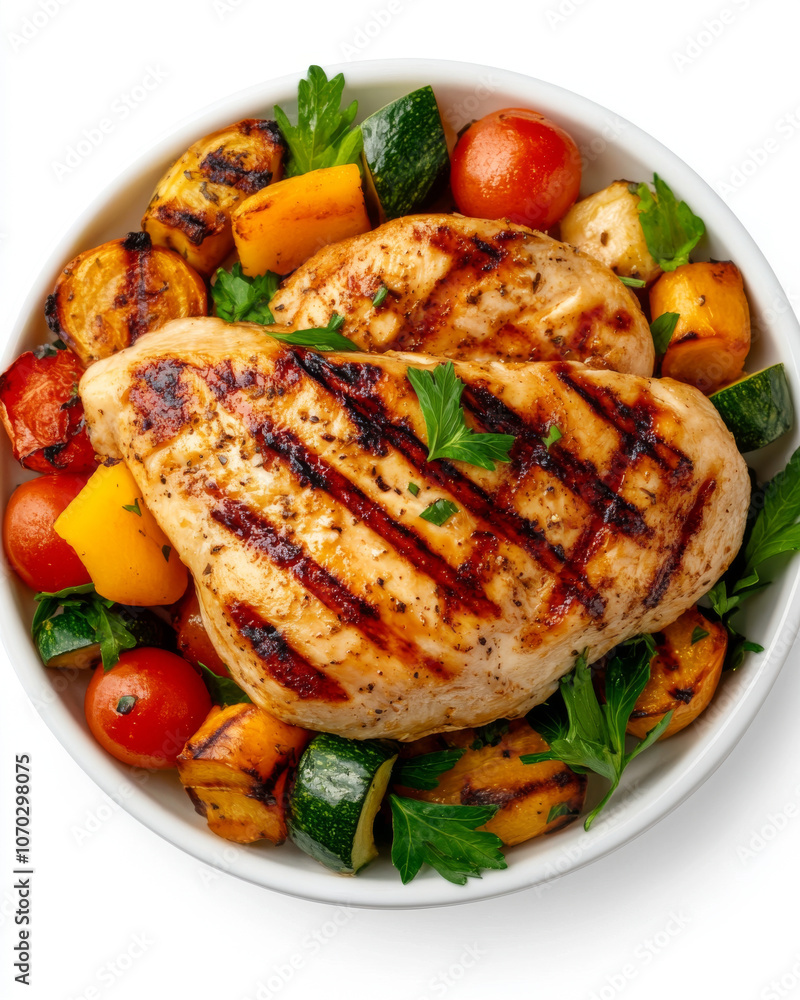 Grilled chicken breast with vegetables isolated on white background Grilled chicken breast with vegetables isolated on white background
