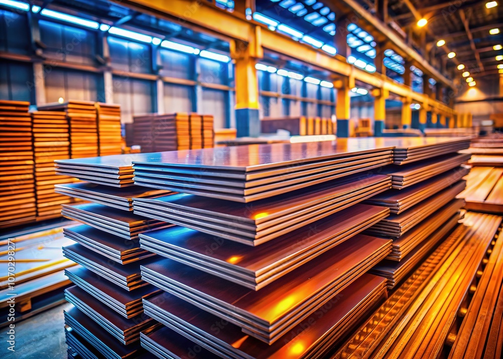 Obraz premium Tilt-shift perspective on metal recycling plates, industrial close-up.