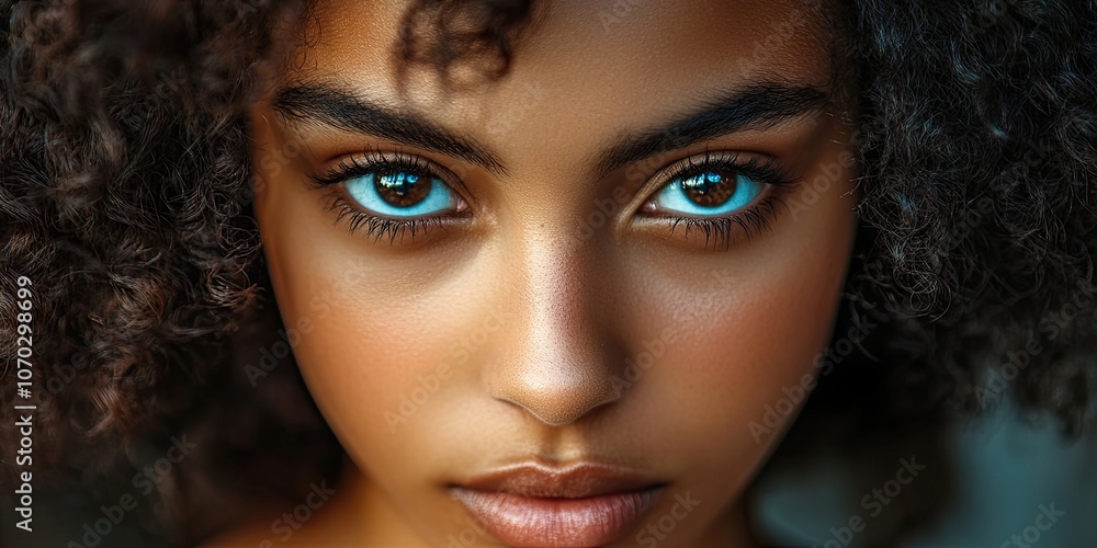 Close-up fashion featuring a beautiful Black model. An Afro-American girl with curly hair and dark eyes. Close-up fashion featuring a beautiful Black model. An Afro-American girl with curly hair and dark eyes.