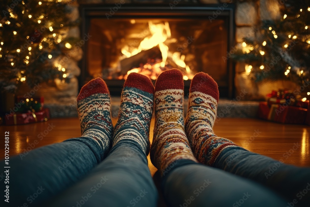 Cozy winter evening by the fireplace with festive socks, warm atmosphere, and holiday decorations all around the room Cozy winter evening by the fireplace with festive socks, warm atmosphere, and holiday decorations all around the room