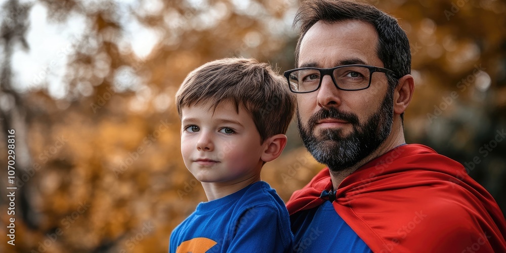 Portrait of a father and son wearing superhero capes. Portrait of a father and son wearing superhero capes.