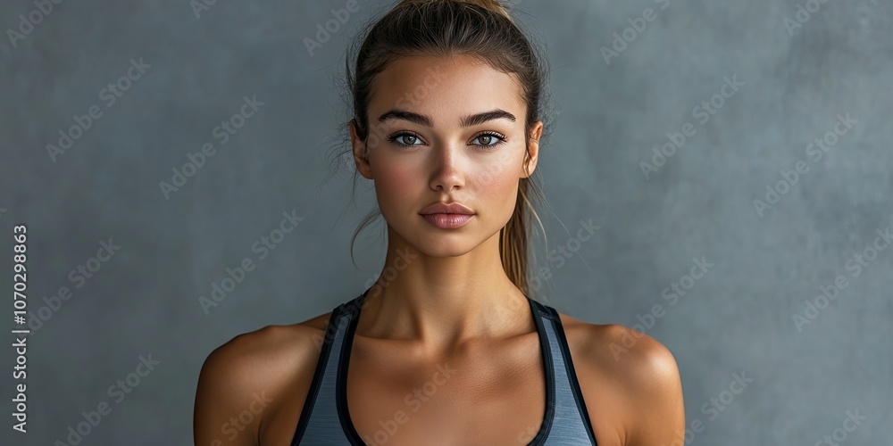 A fit female in sportswear stands against a gray background, gazing at the camera. A fit female in sportswear stands against a gray background, gazing at the camera.