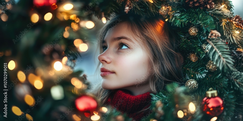 A girl looking out from a crafted Christmas wreath. A girl looking out from a crafted Christmas wreath.