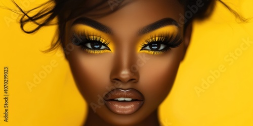 Wallpaper Mural Stunning close-up of a model showcasing vibrant yellow eyeshadow and bold lashes against a bright yellow backdrop in a beauty photoshoot Torontodigital.ca