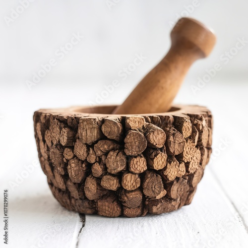 Closeup handmade wooden mortar and pestle isolated on white background