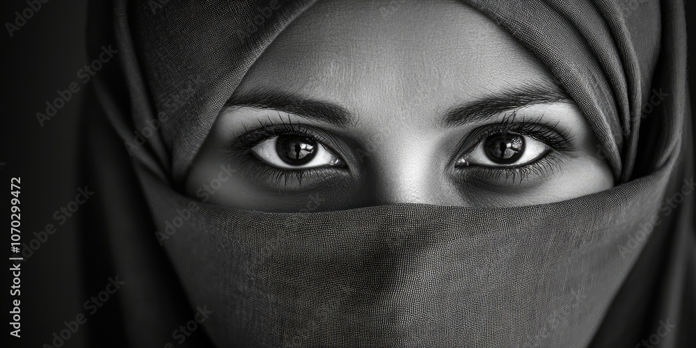 Close-up view of a lovely lady wearing a hijab, jilbab, niqab, and scarf covering her face, revealing only her beautiful eyes. Suitable for incorporating design elements. Black and white with grain. Close-up view of a lovely lady wearing a hijab, jilbab, niqab, and scarf covering her face, revealing only her beautiful eyes. Suitable for incorporating design elements. Black and white with grain.