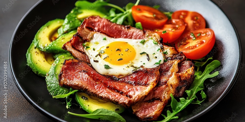 Delicious breakfast plate featuring bacon, eggs, and greens served on a sleek black dish with fresh herbs and spices for added flavor Delicious breakfast plate featuring bacon, eggs, and greens served on a sleek black dish with fresh herbs and spices for added flavor