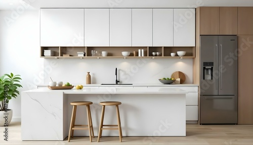 A modern, minimalist kitchen with white cabinets, wooden accents, and a marble countertop. The kitchen features open shelving, a sink, and two wooden stools at the counter